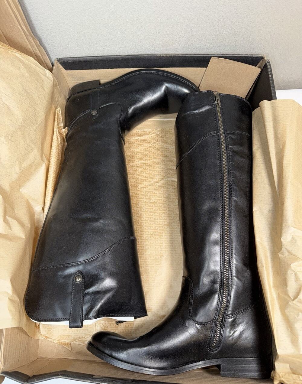 Frye Melissa Tab Button Tall Size 8 Black Leather Equestrian Riding Boots New